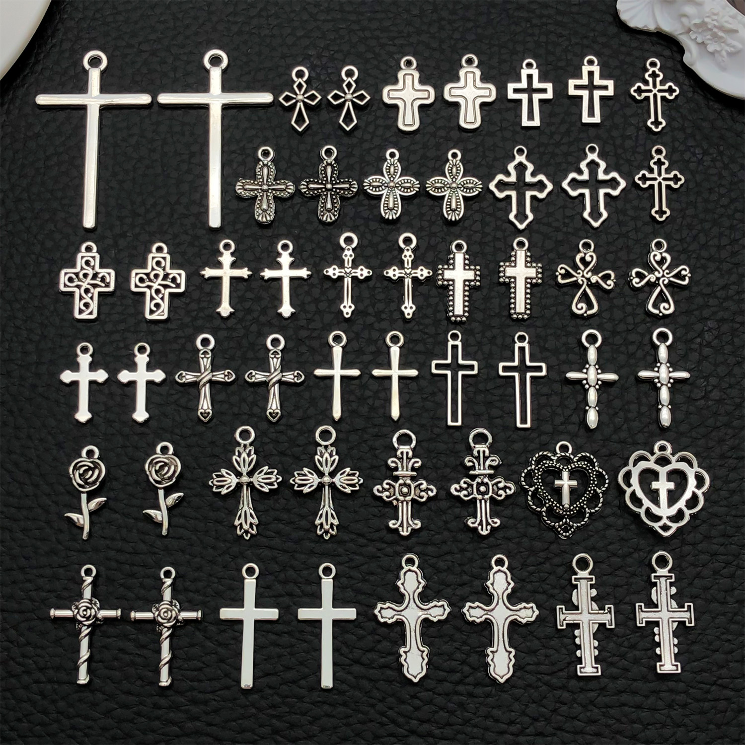 Jewelry Making Degree - 52pcs Assorted Cross Pendants (Antique Silver/Black)