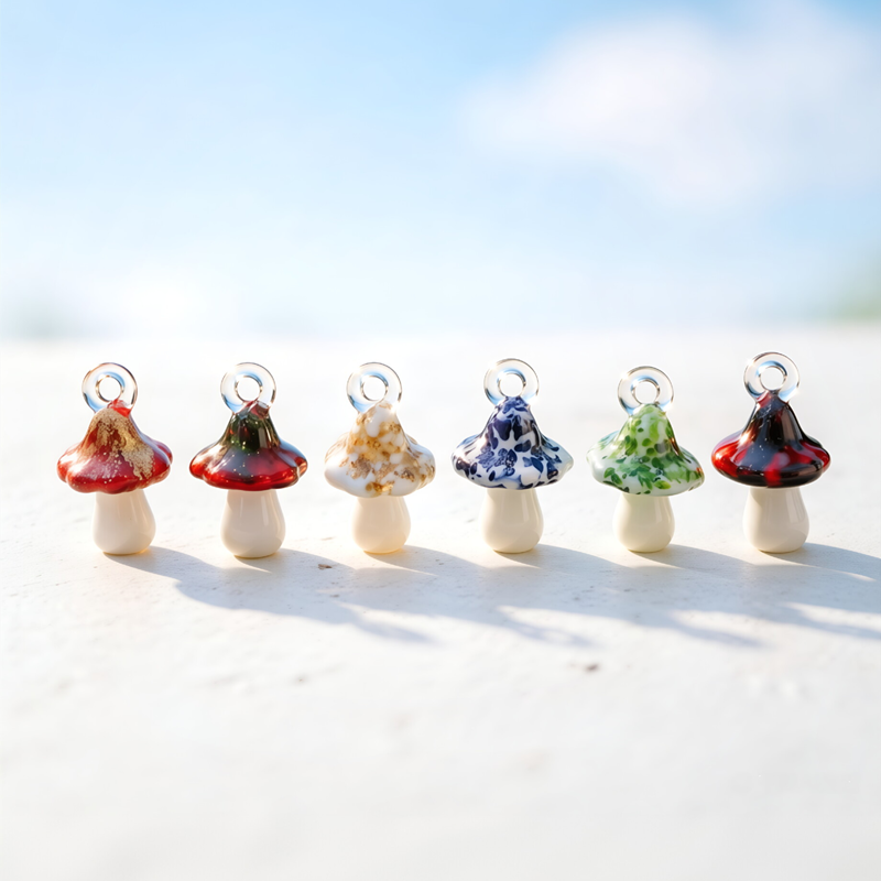 Jewelry Making Event - 2Pcs Mini Mushroom Charms Dopamine Glass