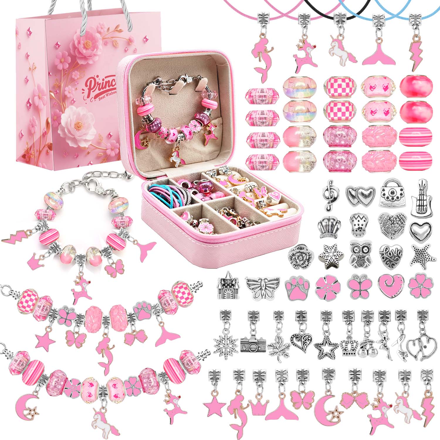Jewelry Making 4 Year Old - 68pcs pink beaded jewelry set, charm